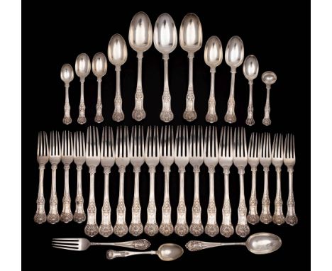 A matched Victorian silver Kings Scroll Rosette pattern part flatware service, maker Chawner &amp; Co, London,  1856 and 1864