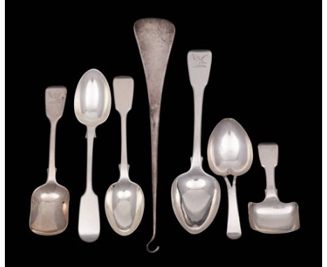 A George IV silver caddy spoon, maker IT, London, 1820: with heart-shaped bowl, together with another caddy spoon, dessert sp