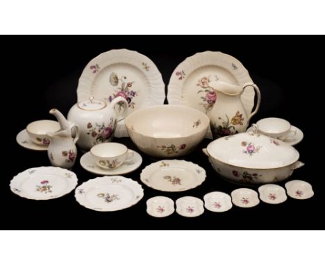 A Royal Copenhagen 'Frijsenborg' pattern porcelain dinner and tea service: decorated overall with floral bouquets and sprigs,