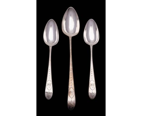 A George III  Irish silver Old English pattern bright-cut serving spoon, maker John Power, Dublin, 1795: monogrammed together