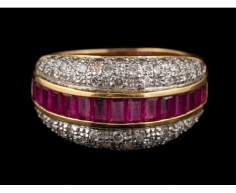 A ruby and diamond ring,: the central row of square cut rubies between brilliant cut diamonds, approximately 0.75 carats tota