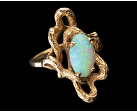 An opal ring,: the oval cabochon opal in a four claw setting, stamped 14k, ring size L.