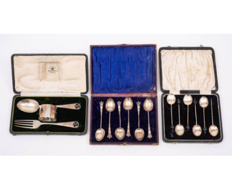 A George V silver three-piece christening set, maker Mappin & Webb, London, 1920/21: initialled, includes - spoon, fork and n