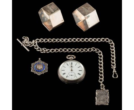 A silver pocket watch by J.W.Benson,: the white enamel dial with black Roman numerals, subsidiary seconds dial and spade hand