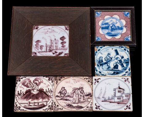 A group of six 18th century English blue and white and manganese delftware tiles: comprising buildings with smoking chimneys 