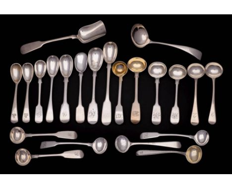 A collection of assorted silver mustard spoons, preserve spoon and ladle, various makers and dates: most monogrammed or crest