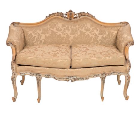 A carved and painted beech and silk damask upholstered sofa in Italian 18th century taste, second half 20th century,: the bac