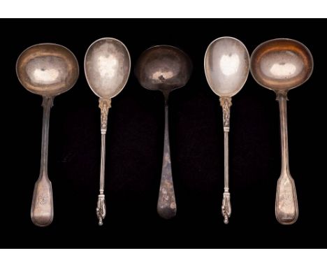 A pair of Victorian silver Fiddle and Thread pattern sauce ladles, maker Chawner & Co, London, 1861: monogrammed, a pair of l