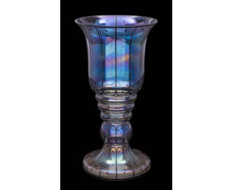 A Continental glass vase: possibly J. &amp; L. Lobmeyr, of goblet form, the iridescent body with black enamel decoration, 20c