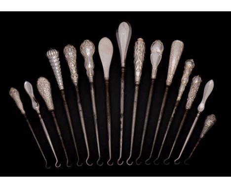 A collection of fifteen assorted silver-handled button hooks, various makers and dates: with steel shaft and hook, various si