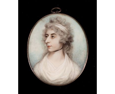 Circle of Nathaniel Plimer [1757-1822]-A miniature portrait of a lady, said to be Mrs Henrietta Moore [1752-1840],:- head and