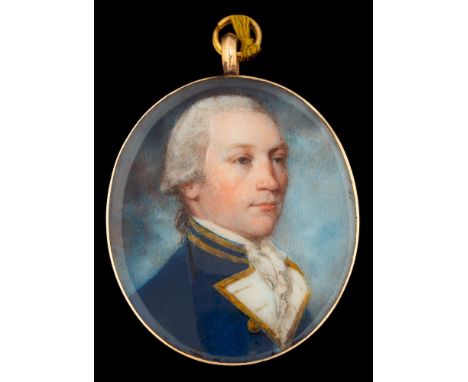 Attributed to James Nixon [1741-1812]-A miniature portrait of a naval officer,:-head and shoulders, wearing a powdered wig an