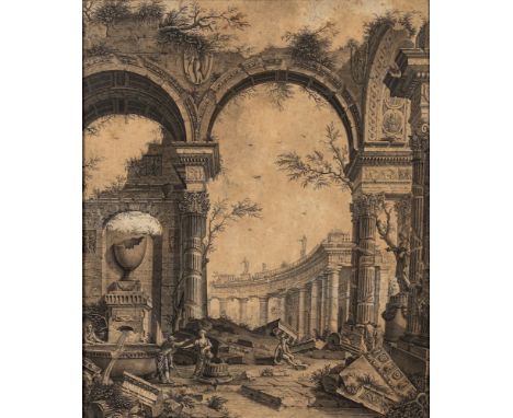 Manner of Giovanni Paolo Pannini [late 18/19th Century]-Figures amongst classical ruins,:-pen, ink and wash drawing, 38.5 x 3