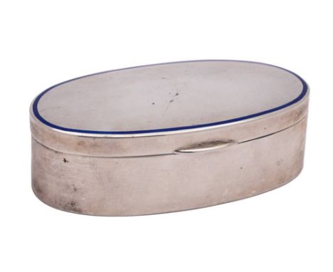 An Edward VII silver and blue enamel trinket box, maker E S Barnsley & Co, Birmingham, 1908: of oval outline the hinged lid w