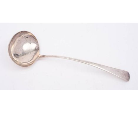 A George III silver Old English pattern soup ladle, maker's mark worn, London, 1804: bears Holland family crest, 31cm long, 1