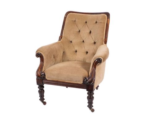 A William IV carved rosewood and button upholstered armchair, circa 1835,: the outscrolled arms with foliate carved fronts, o