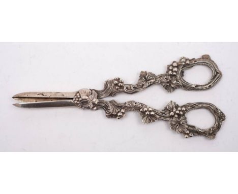 A pair of Edward VII silver grape shears, maker William Hutton &amp; Sons Ltd, London, 1906: the handles in the form of fruit