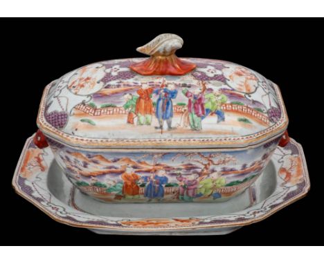 A Chinese famille rose mandarin pattern octagonal tureen, cover and stand: with boar's head handles, painted with figures in 