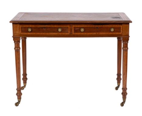 A Victorian satinwood, crossbanded and leather inset writing table, late 19th century,: the top with gilt tooled brown leathe