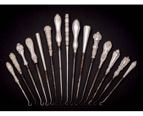 A collection of fifteen assorted silver-handled button hooks, various makers and dates: with steel shaft and hook, various si