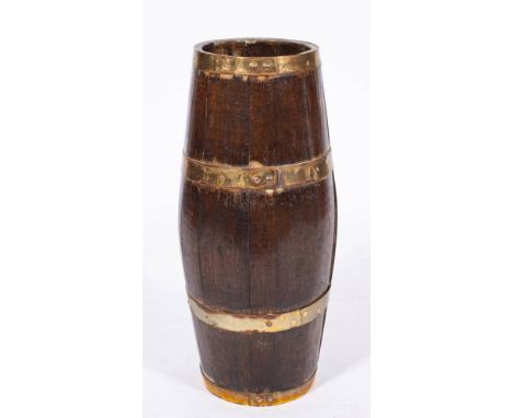 A Victorian brass bound oak stick stand, second half 19th century,: of barrel form and coopered construction, with four bands