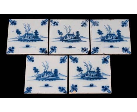 A set of five 18th century English blue and white delftware square tiles and two single tiles: the set painted with a vignett
