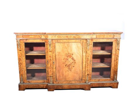 Victorian walnut, gilt metal mounted and marquetry breakfront credenza, inlaid floral decoration with stringing, gilt metal b
