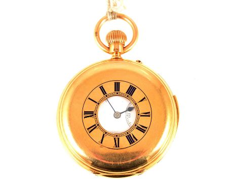 An 18 carat yellow gold minute repeating demi-hunter pocket watch, the white enamel dial having a roman numeral chapter ring 