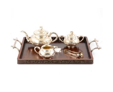 Chinese silver three piece teaset, character mark and stamped Sterling, comprising teapot, sugar bowl and milk jug, each piec