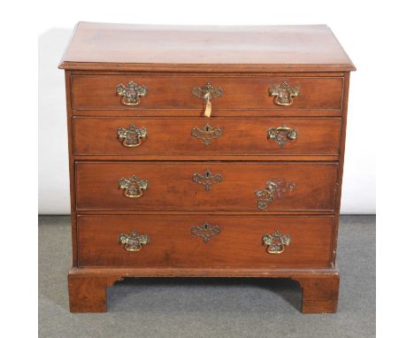 George III mahogany chest of drawers, of small size, cross-banded top, fitted with four graduating long drawers, bracket feet