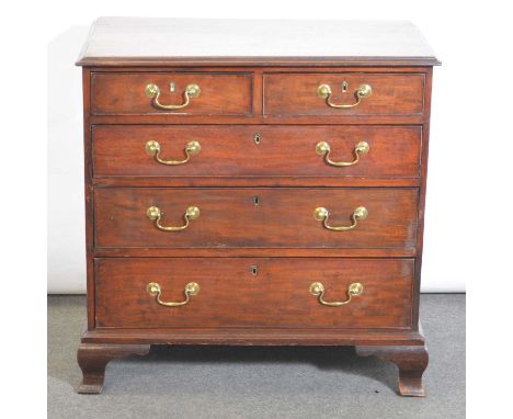 George III mahogany chest of drawers, ogee moulded outline, fitted with two short and three long drawers, on ogee bracket fee