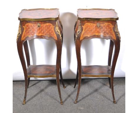 Pair of Louis XV style rosewood, kingwood and marquetry bedside stands, each with serpentin hinged lids enclosing a mirror, c