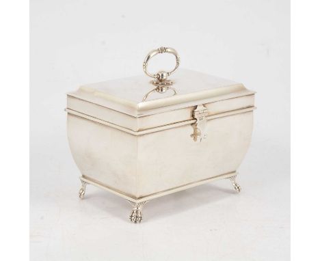 Silver tea caddy, maker's mark worn, London 1911, casket form with ring handle, shaped clasp and four paw feet, 12cm, 12.5oz.