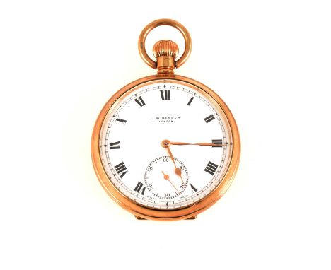 J W Benson London - a 9 carat yellow gold open face pocket watch, the white enamel dial named J W Benson London, having a rom