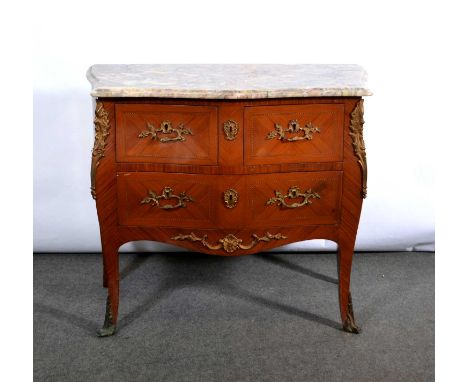 Transitional style 'kingwood' commode, cast rococo pattern gilt metal appliques, marble top, fitted with two short and a sing
