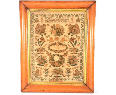 A Victorian needlework sampler, Alice Shearman, 1843, "Time By Moments Steal Away, First the Hour and Then The Day, Small the