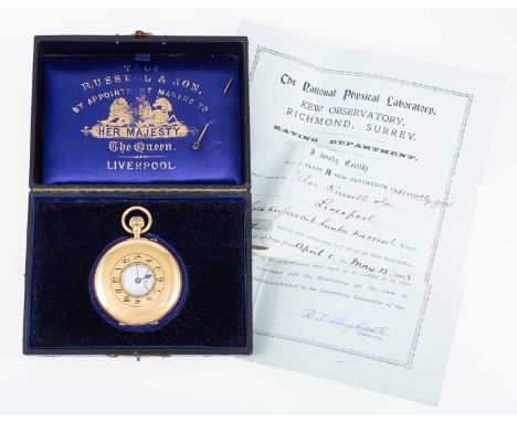 Tho's Russell &amp; Son - an 18 carat yellow gold demi-hunter pocket watch, the white enamel dial named Tho's Russell &amp; S