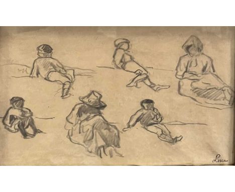 Maximilien Luce,Six studies, figures, on a single sheet,signed in ink, pencil drawing,18x25cm.