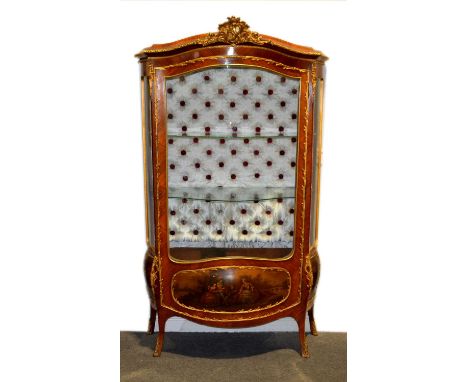 Late 19th Century French kingwood vitrine, slightly domed top, serpentine front, the door and sides with painted panels in th