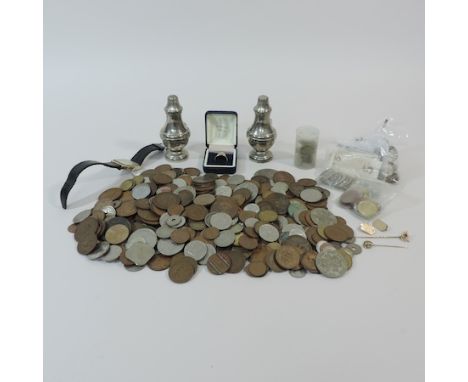 A collection of mainly pre decimal and continental coins, together with two gold stick pins, a silver thimble, a wristwatch, 