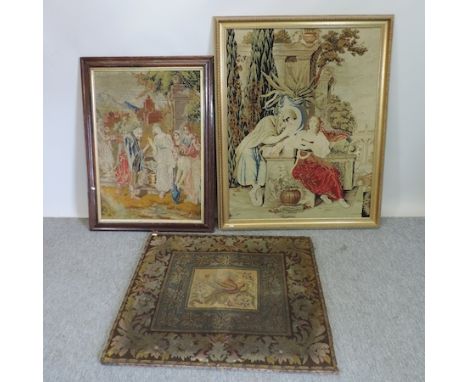 A 19th century tapestry, two figures in a garden, 105 x 81cm,  framed, together with two others