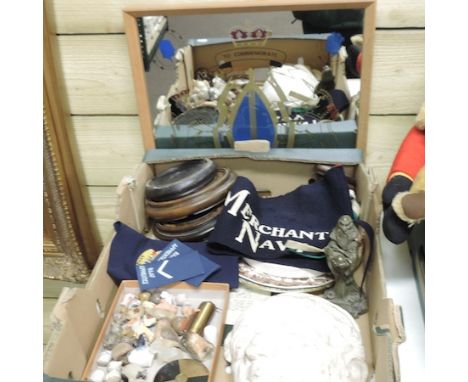 A box of items, to include a portrait plaque of William Wordsworth, military related ephemera and miniature figures