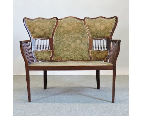 An Edwardian mahogany chair back sofa, with Morris style upholstered seat and back, stamped TSG, 116cm