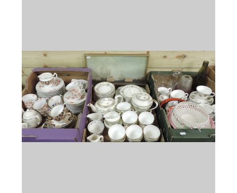 An Aynsley bone china tea set, two other tea sets, a copper jelly mould, glassware and a picture of a ship 