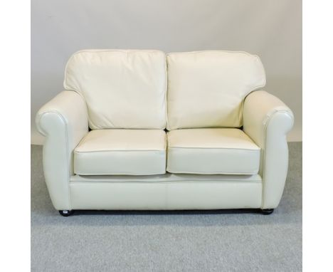 A modern cream leather upholstered sofa, 139cm