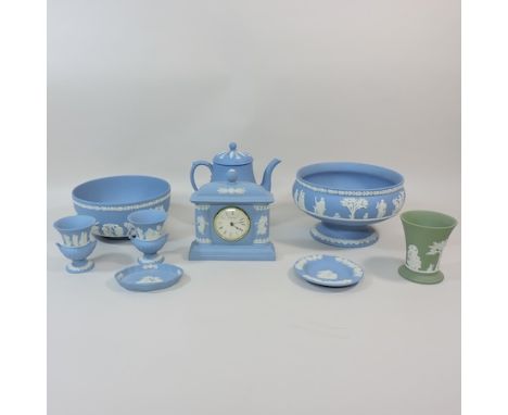 A collection of Wedgwood Jasperware, to include a clock, pedestal bowl, teapot etc 