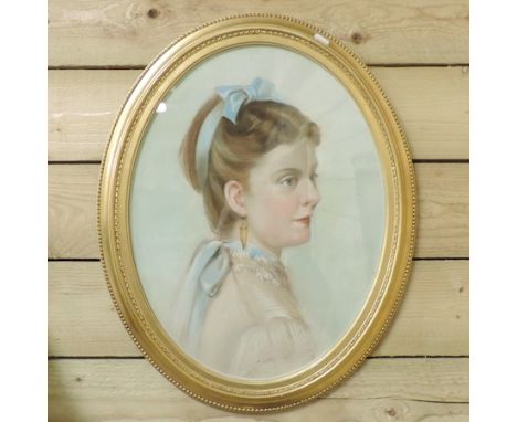 English School, early 20th century, portrait of a young lady, pastel, oval, 51 x 40cm