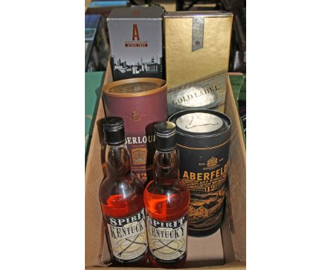 A box of assorted Scotch whisky including Aberlour 12 year old double cask matured, Aberfeldy 12 year and Auchentoshan Americ