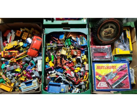 3 boxes of diecast vehicles to include Corgi, Matchbox, Tonka, Dinky, Hot Wheels (some boxed), a Hot Wheels rally case and a 