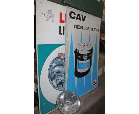 A large card advertisement for Lucas car lamps circa 1960 with a Lucas lamp and a CAV card advertisement.  